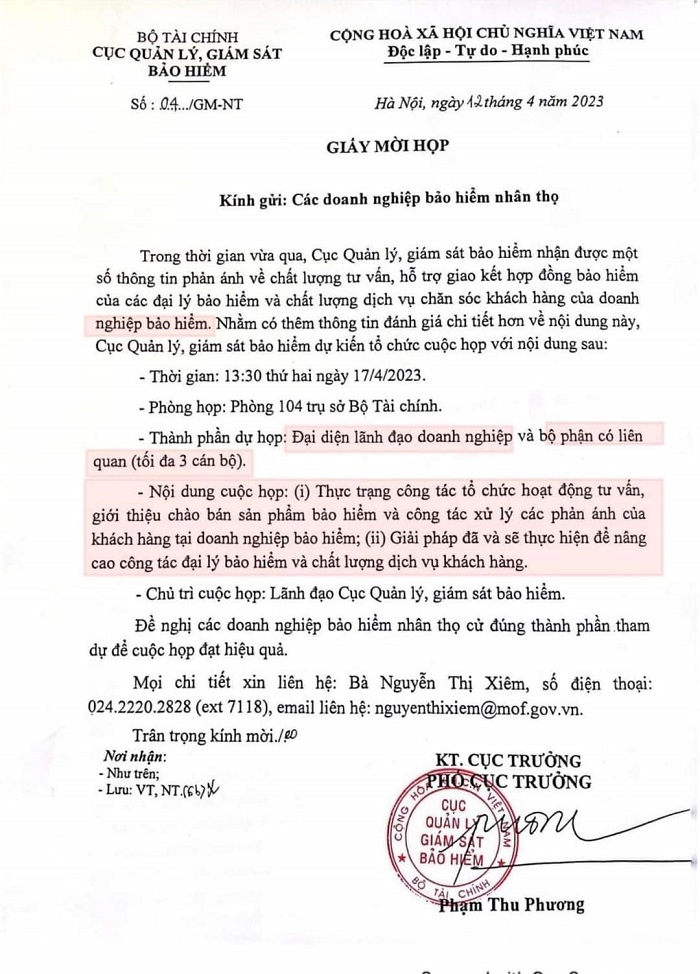 Công văn mời họp của Cục Quản lý giám sát bảo hiểm mời các doanh nghiệp bảo hiểm nhân thọ