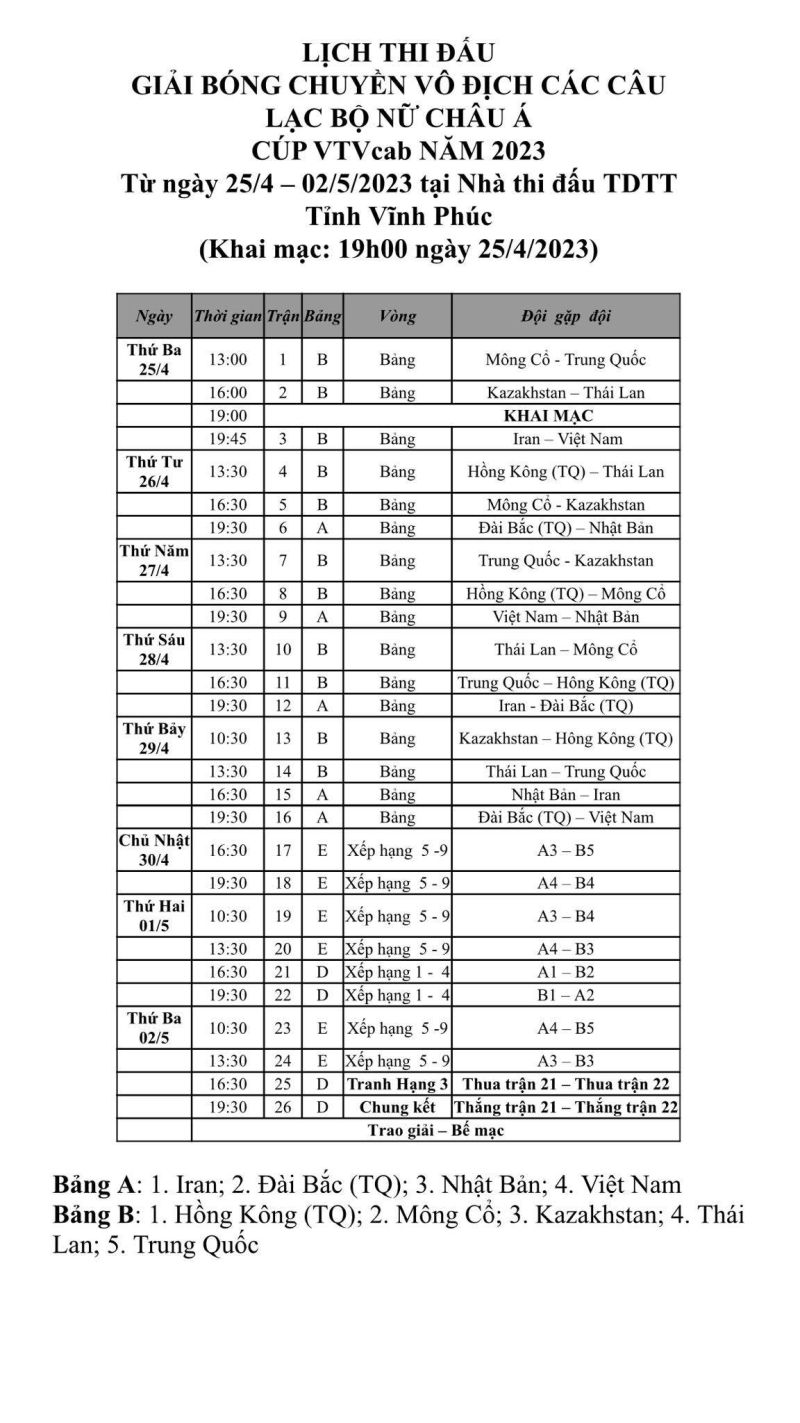 lịch thi đấu ch&iacute;nh thức của giải đấu