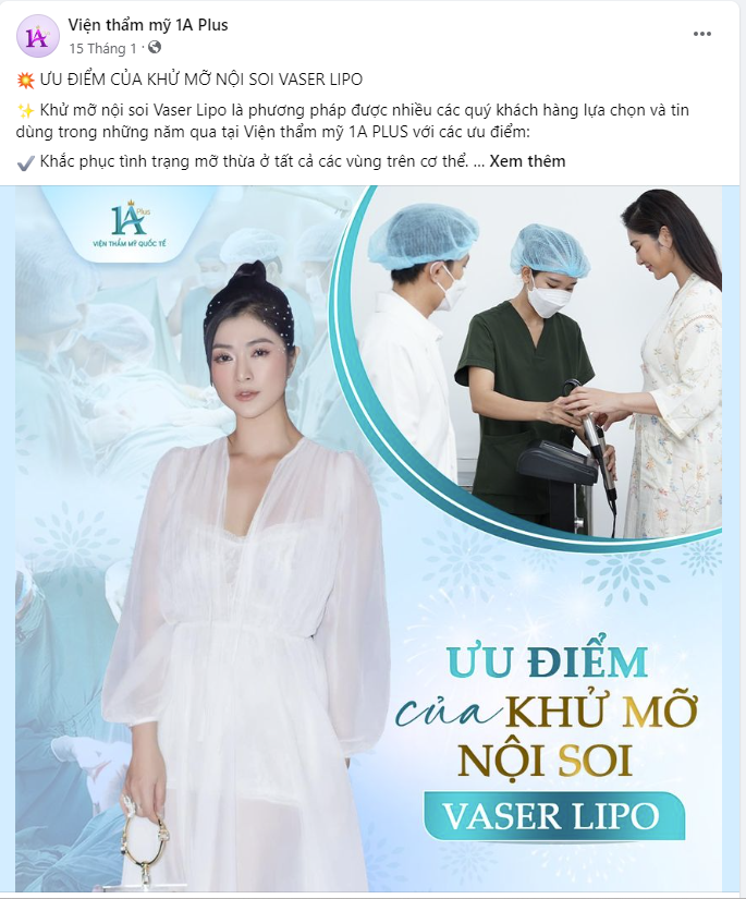 Trên fanpage Viện thẩm mỹ 1A Plus quảng cáo khử mỡ nội soi với công nghệ Hoa Kỳ