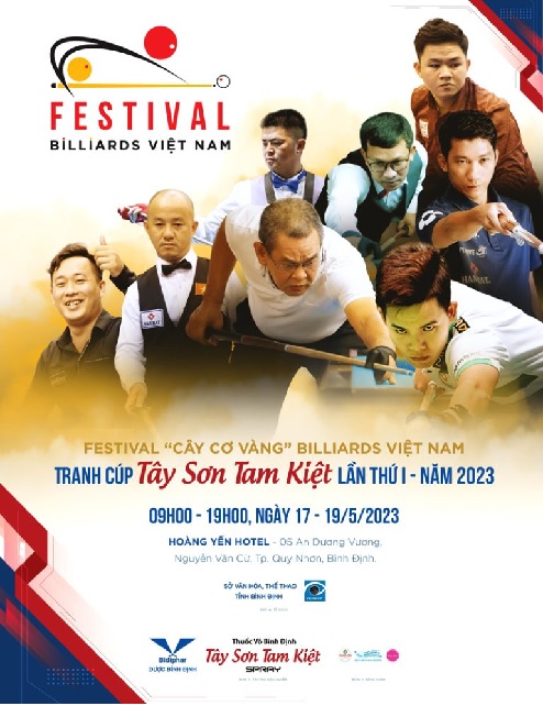 Pano thông tin về Giải Billiards Festival “Cây Cơ Vàng Việt Nam” tranh Cúp Tây Sơn Tam Kiệt lần thứ I năm 2023. Ảnh: VH