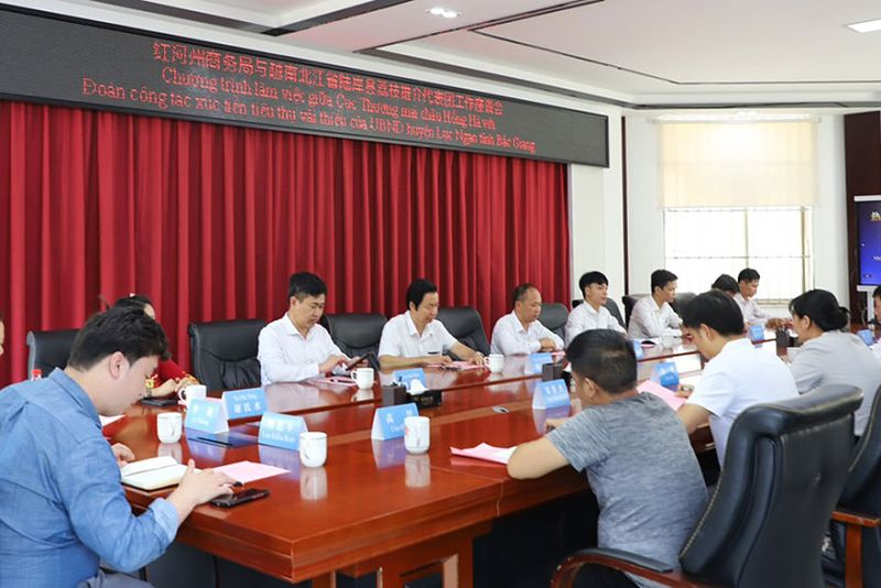 Quang cảnh buổi làm việc giữa đoàn công tác huyện Lục Ngạn với Cục Thương mại châu Hồng Hà