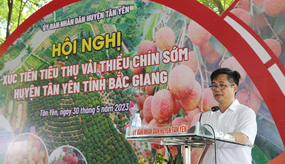 Ông Ngô Quốc Hưng, Phó Chủ tịch UBND huyện Tân Yên phát biểu tại hội nghị