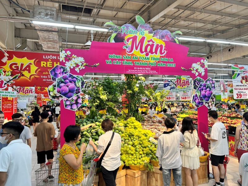 Người tiêu dùng mua sắm nông sản, trái cây tại Tuần lễ mận, nông sản an toàn tỉnh Sơn La và các tỉnh, thành phố năm 2023