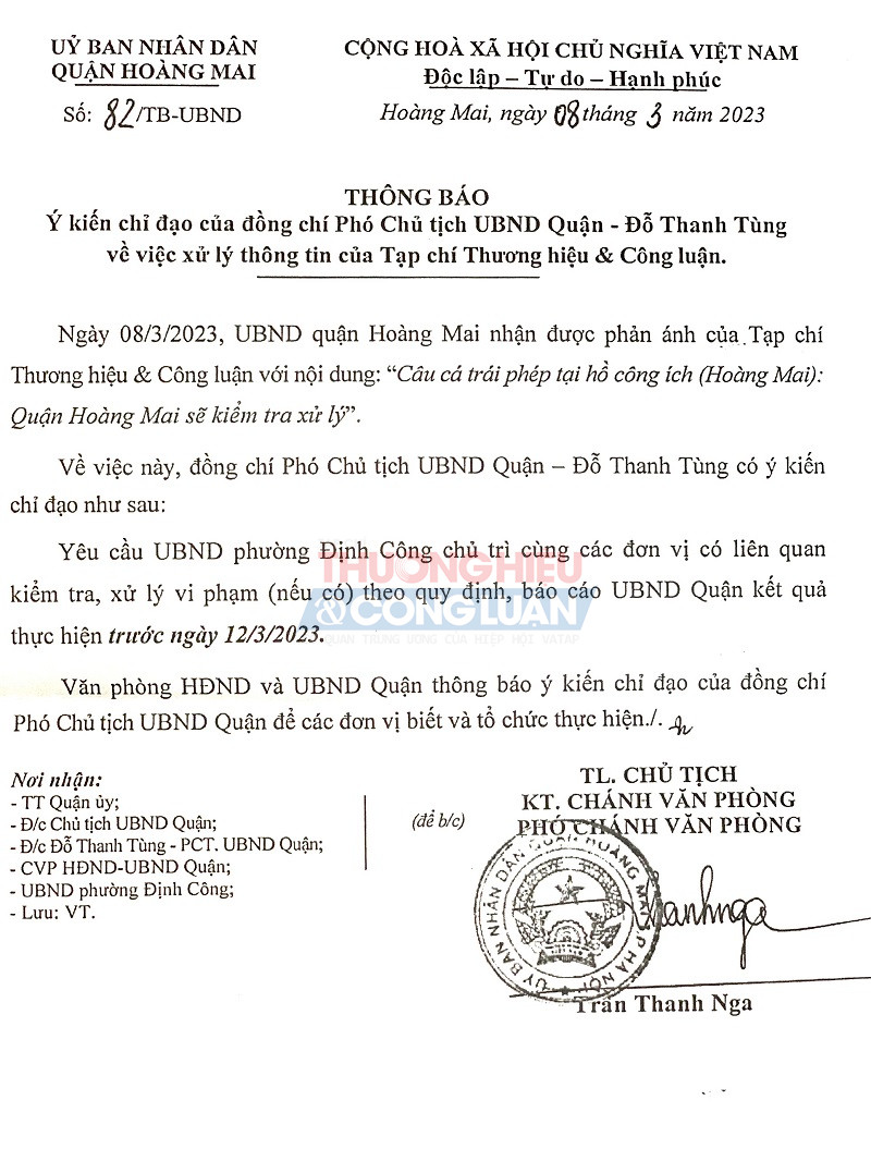 Thông báo của UBND quận Hoàng Mai
