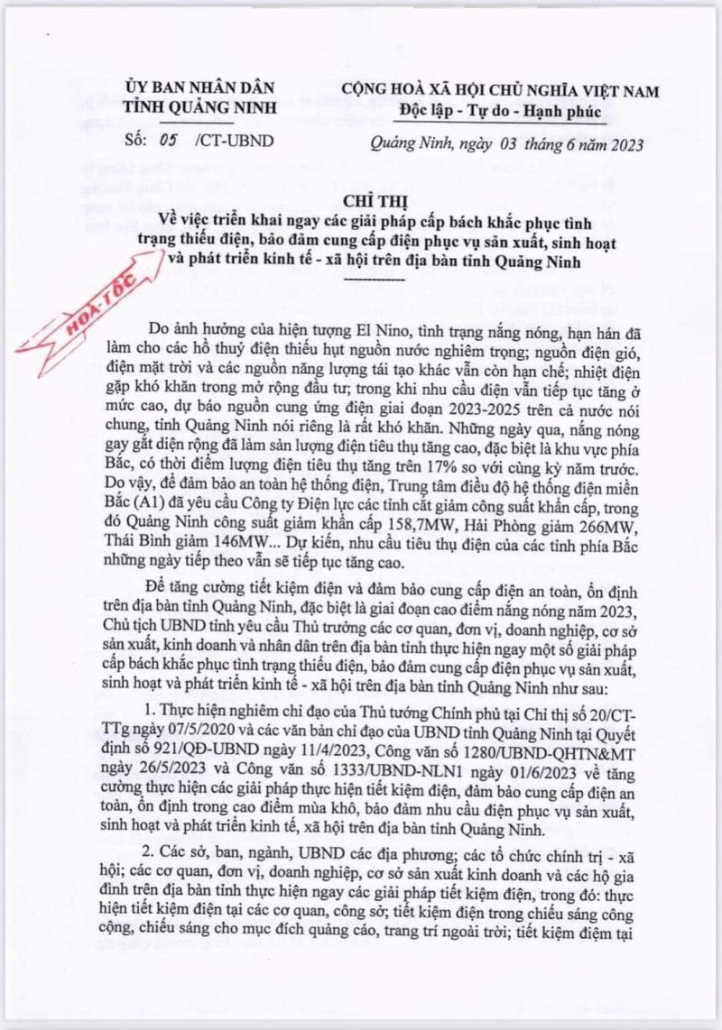 Quảng Ninh ban hành văn bản hỏa tốc về việc triển khai ngay các giải pháp cấp bách khắc phục tình trạng thiếu điện Quảng Ninh ban hành văn bản hỏa tốc về việc triển khai ngay các giải pháp cấp bách khắc phục tình trạng thiếu điện