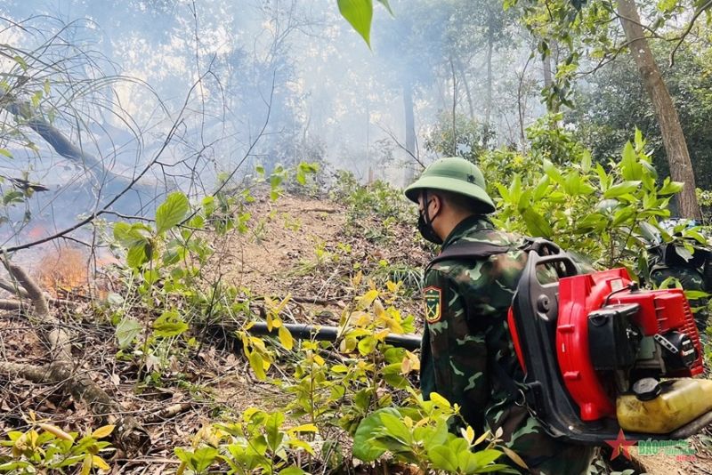 Cán bộ, chiến sĩ Ban CHQS TP Hạ Long tích cực tham gia dập lửa khống chế đám cháy.