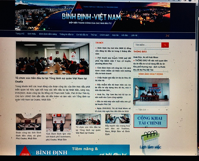 - Trung t&acirc;m XTĐT B&igrave;nh Định l&agrave; một trong những đầu mối ch&iacute;nh tiếp nhận c&aacute;c th&ocirc;ng tin phản &aacute;nh, kiến nghị của DN qua số điện thoại ĐDN v&agrave; qua hộp thư điện tử ĐDN. Trong ảnh: Giao diện trang web của Trung t&acirc;m.