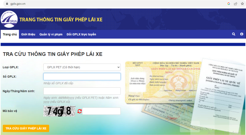 Giao diện trang thông tin điện tử giấy phép lái xe (https://gplx.gov.vn) do Cục Đường bộ Việt Nam quản lý