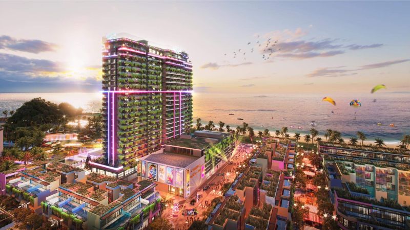 Toà tháp tiệc tùng Ibiza Party Resort và Trung tâm nghỉ dưỡng Bốn Mùa - The Seasons Center nằm cạnh nhau tại trung tâm của quần thể dự án Flamingo Ibiza 1