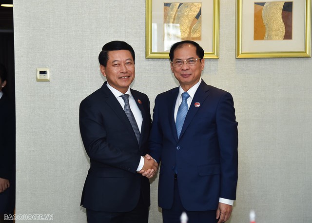 Bộ trưởng Bộ Ngoại giao Bùi Thanh Sơn gặp Phó Thủ tướng, Bộ trưởng Ngoại giao Lào Saleumxay Kommasith - Ảnh: BNG