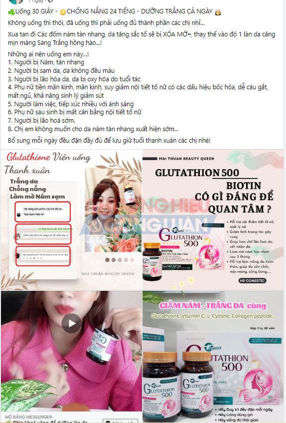 Tài khoản Facebook này quảng cáo viên uống chống nắng xua tan các đốm nám tàn nhang, da tăng sắc tố sẽ bị xoá mờ,...