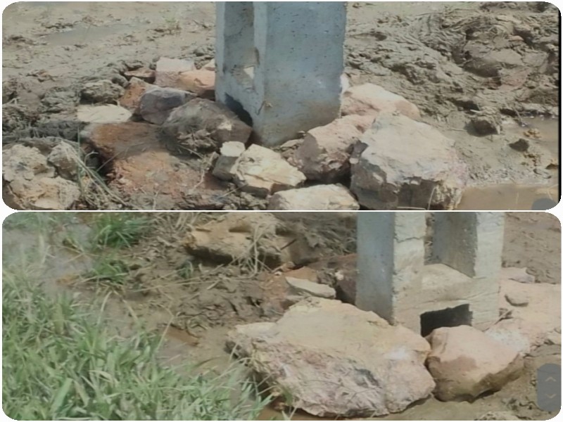 Sau khi gặp sự cố, phía công ty đã cho khắc phục, nhưng chỉ là khắc phục kiểu “sơ sài, tạm bợ”. Xung quanh cột điện dựng lại này chỉ được chèn bằng rất nhiều gạch, đá.