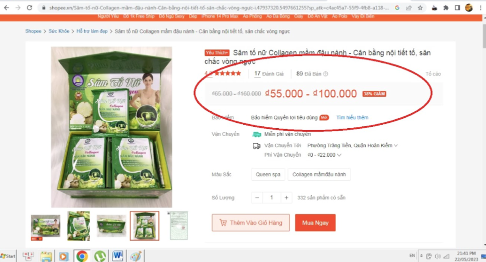 Sâm tố nữ Collagen mầm đậu nành được bày bán trên Lazada với giá 55.000-100.000 VNĐ.