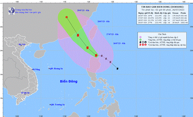 Hướng đi của bão Doksuri sáng 26/7. (Nguồn: Trung tâm Dự báo Khí tượng Thủy văn)