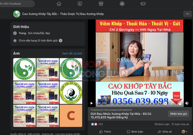 Hình ảnh quảng cáo của khách hàng về sản phẩm Khớp Tây Bắc trên mạng xã hội Facebook