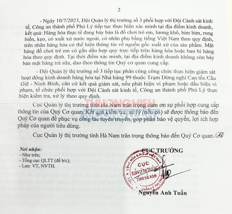 Văn bản trả lời của Cục QLTT tỉnh Hà Nam sau khi kiểm tra xác minh thông tin bài viết trên Thương hiệu và Công luận