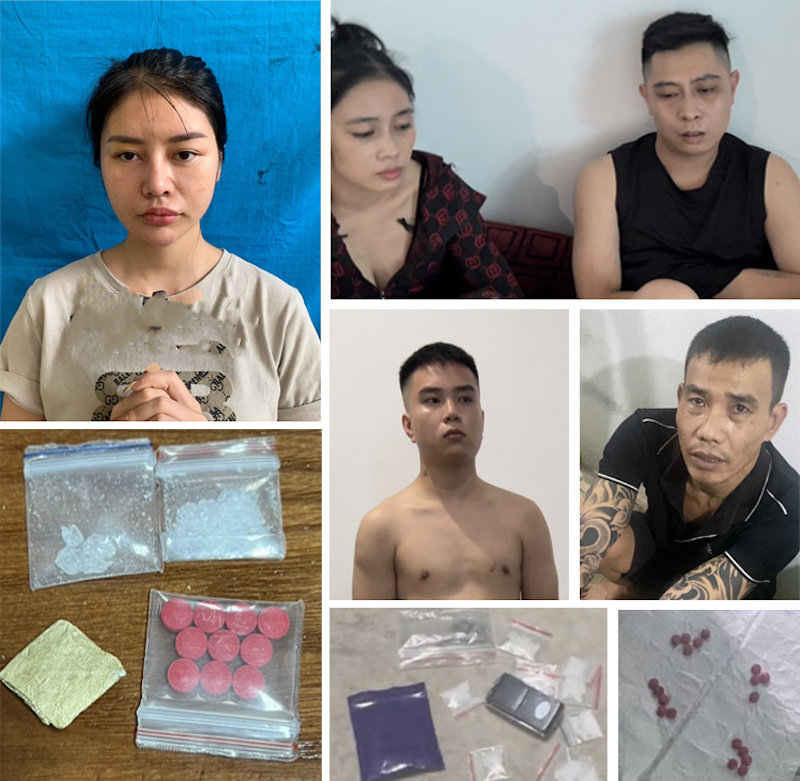 Các đối tượng mua bán, tổ chức sử dụng ma túy bị Công an TP Thanh Hoá bắt giữ.