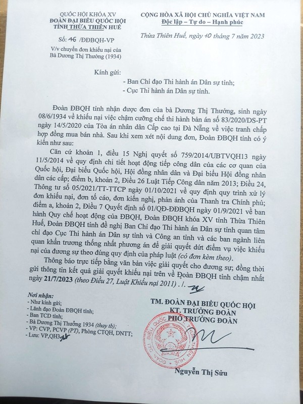 Văn bản của Đoàn đại biểu Quốc hội tỉnh Thừa Thiên Huế gửi Ban chỉ đạo Thi hành án tỉnh