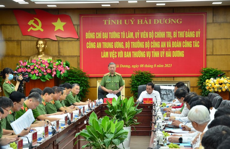 Bộ Trưởng Bộ Công an Tô Lâm phát biểu chỉ đạo tại buổi làm việc với Ban Thường vụ Tỉnh ủy Hải Dương