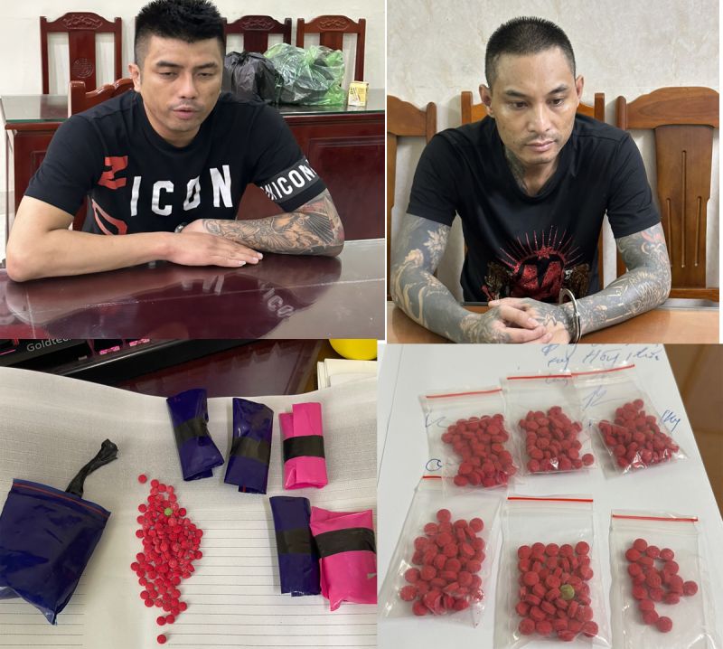Lê Quang Huy (trái) và Trần Trọng Chiến cùng số ma túy bị thu giữ