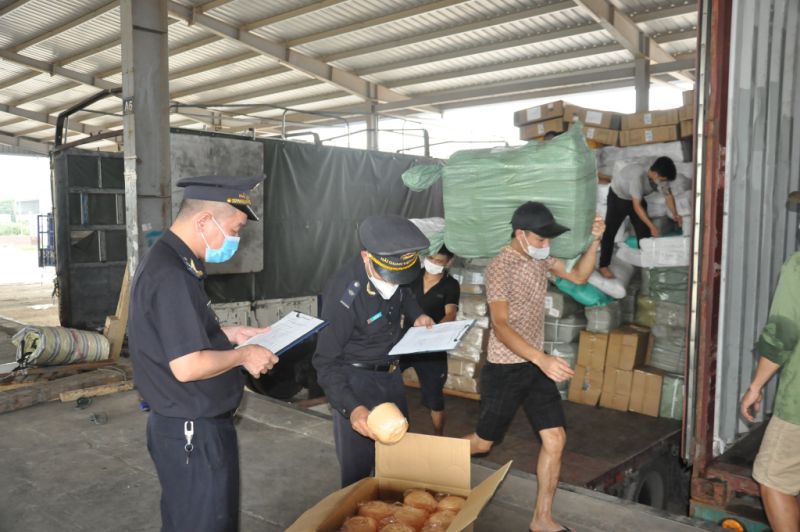 Cán bộ, nhân viên Chi cục Hải quan Cửa khẩu Móng Cái kiểm tra hàng hóa nhập khẩu tại Bãi kiểm hóa cầu Bắc Luân II. Ảnh: Hữu Việt