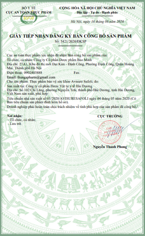 Giấy tiếp nhận đăng ký bản công bố sản phẩm số 5421/2020/ĐKSP thực phẩm bảo vệ sức khỏe Avisure Safoli