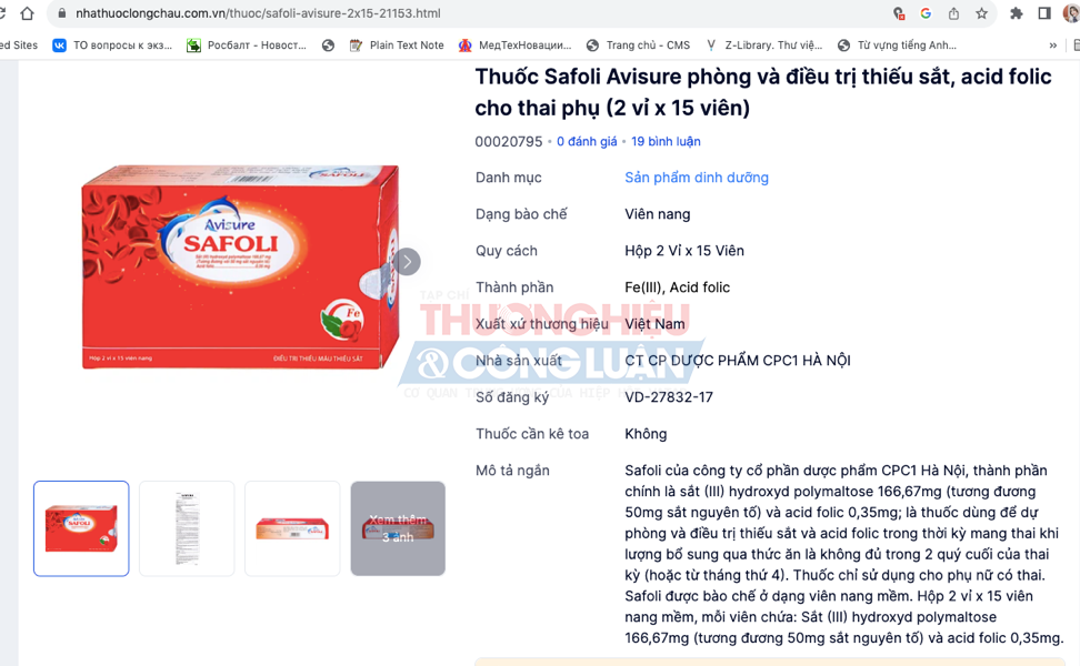 “Thuốc Safoli Avisure phòng và điều trị thiếu sắt”được bày bán trên website của nhà thuốc Long Châu
