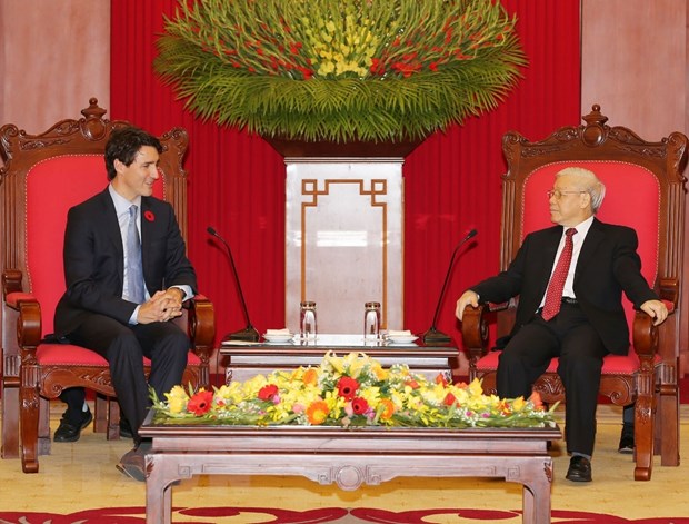 Chiều 8/11/2017, tại Trụ sở Trung ương Đảng, Tổng Bí thư Nguyễn Phú Trọng tiếp Thủ tướng Canada Justin Trudeau thăm chính thức Việt Nam. (Ảnh: Trí Dũng/TTXVN)