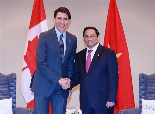 Trong chương trình dự Hội nghị Thượng đỉnh G7 Mở rộng và làm việc tại Hiroshima (Nhật Bản), sáng 20/5/2023, Thủ tướng Phạm Minh Chính gặp Thủ tướng Canada Justin Trudeau. (Ảnh: Dương Giang/TTXVN)