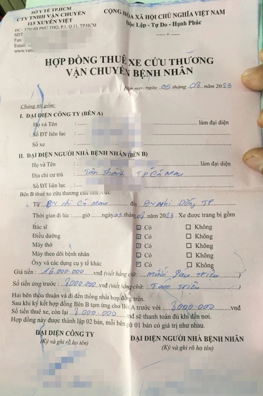 Công ty TNHH Vận chuyển 115 Xuyên Việt cho người nhà bệnh nhi thuê xe cấp cứu từ Cà Mau lên TP. Hồ Chí Minh với giá 16 triệu đồng