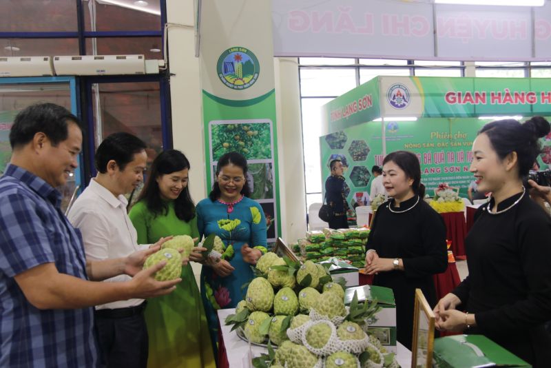 Các đại biểu tham quan gian hàng quảng bá, giới thiệu sản phẩm Na Chi Lăng, tỉnh Lạng Sơn