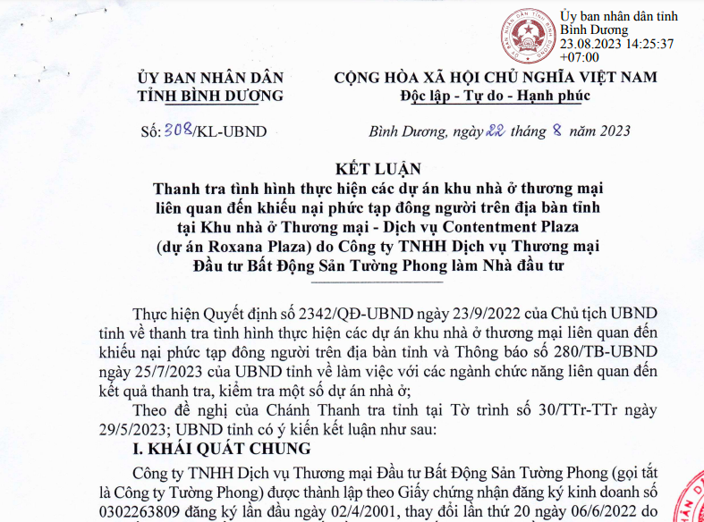 Một phần văn bản Kết luận thanh tra tại dự án Roxana Plaza do Chủ tịch UBND tỉnh Bình Dương vừa ban hành