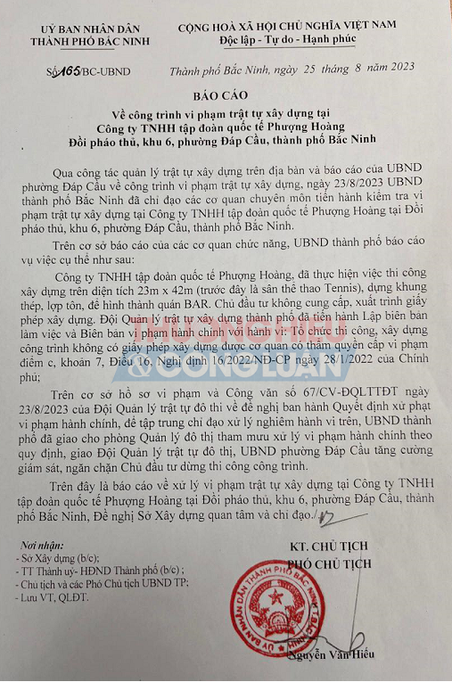 UBND TP. Bắc Ninh Báo cáo về công trình vi phạm TTXD tại Công ty TNHH tập đoàn quốc tế Phượng Hoàng