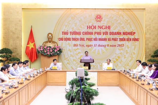 Thủ tướng Phạm Minh Chính chủ trì Hội nghị với doanh nghiệp "Chủ động thích ứng, phục hồi nhanh và phát triển bền vững" ngày 11/8/2022 - Ảnh: VGP