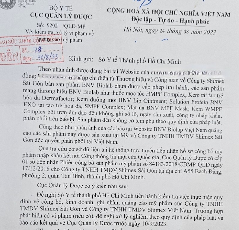 Cục Quản lý Dược đề nghị Sở Y tế TP. HCM kiểm tra thực hiện quy định về công bố, kinh doanh, ghi nhãn, quảng cáo mỹ phẩm của Công ty TNHH TMDV Shimex Sài Gòn