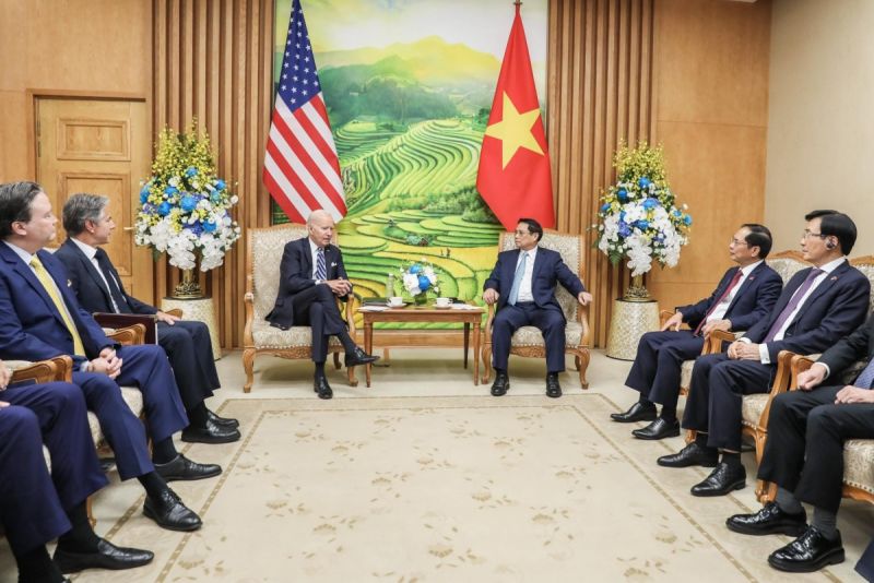 Thủ tướng Phạm Minh Chính hội kiến Tổng thống Hoa Kỳ Joe Biden nhân chuyến thăm cấp Nhà nước tới Việt Nam. (Ảnh: Dương Giang/TTXVN)