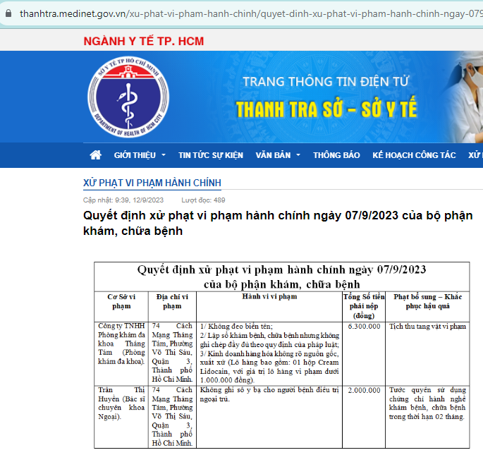 Thanh tra Sở Y tế TP. Hồ Chí Minh đã ra quyết định xử phạt vi phạm hành chính trong lĩnh vực y tế đối với Công ty TNHH Phòng khám Đa khoa Tháng Tám
