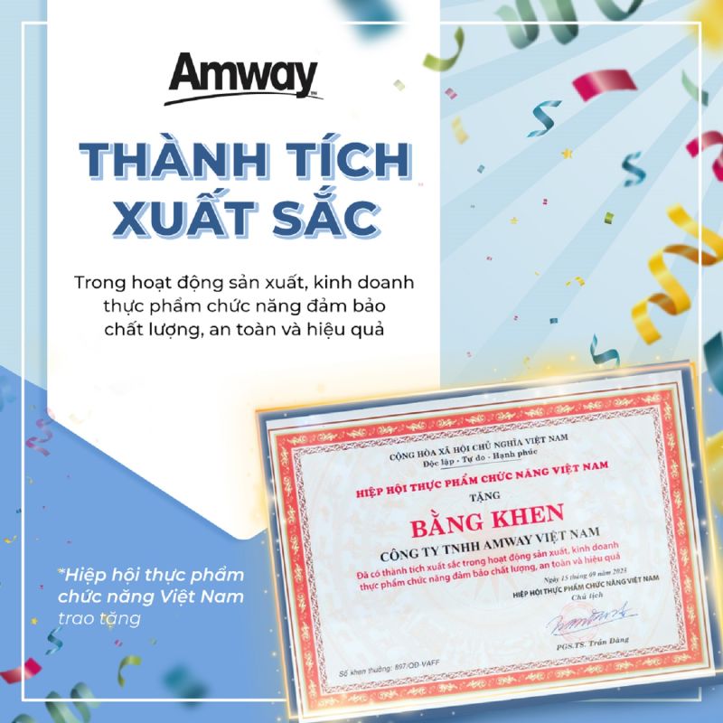 Amway Việt Nam – thương hiệu toàn cầu về sức khỏe và sắc đẹp vinh dự nhận Bằng khen từ Hiệp hội Thực phẩm Chức năng Việt Nam vì đã có thành tích xuất sắc trong hoạt động sản xuất, kinh doanh thực phẩm chức năng đảm bảo chất lượng, an toàn và hiệu quả