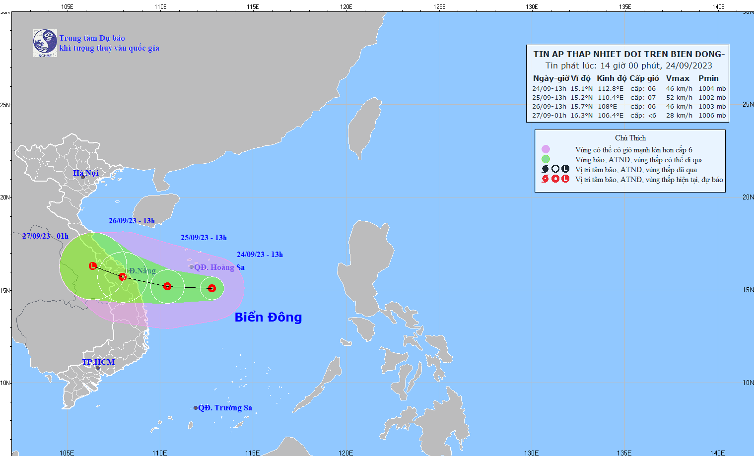 Bản đồ dự báo quỹ đạo và cường độ áp thấp nhiệt đới lúc 14h00 ngày 24/09/2023.