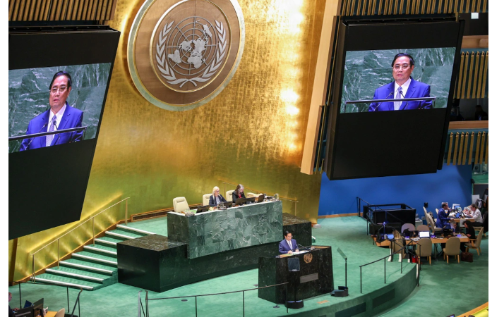 Thủ tướng Phạm Minh Chính truyền tải nhiều thông điệp quan trọng trong bài phát biểu tại Diễn đàn Liên Hợp Quốc (Ảnh: Đoàn Bắc).