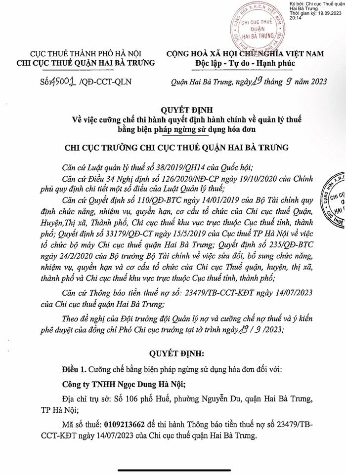 Ngọc Dung Hà Nội có số tiền nợ thuế quá hạn phải nộp là hơn 1,4 tỷ đồng và đã bị cưỡng chế hóa đơn có thời hạn thi hành trong 1 năm, kể từ ngày 19/9/2023 đến 18/9/2024.
