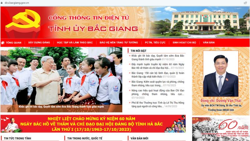 Giao diện Cổng thông tin điện tử Tỉnh ủy Bắc Giang.