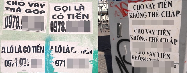 Những tờ rơi quảng c&aacute;o cho vay được d&aacute;n nhan nhản tr&ecirc;n c&aacute;c tuyến đường