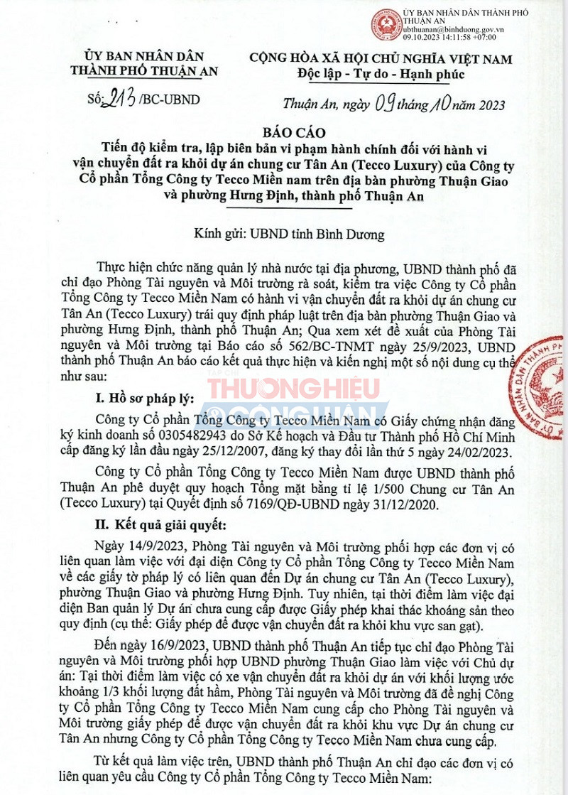 Một phần báo cáo của UBND TP. Thuận An gửi UBND tỉnh Bình Dương