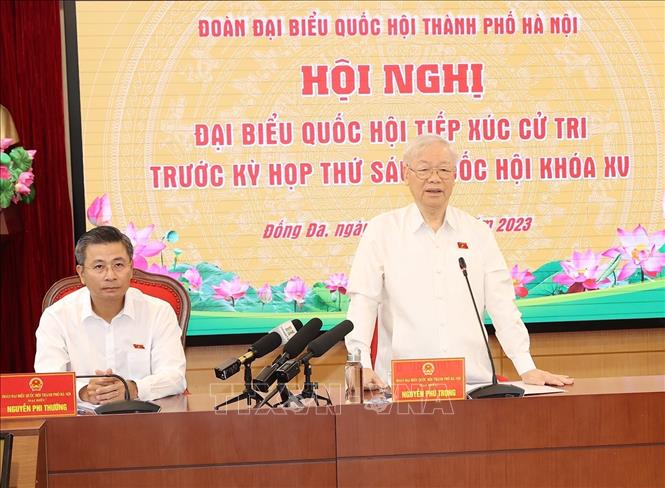 Tổng Bí thư Nguyễn Phú Trọng phát biểu với cử tri quận Đống Đa, quận Ba Đình và quận Hai Bà Trưng. Ảnh: Trí Dũng/TTXVN