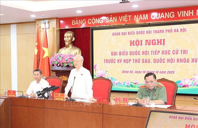 Tổng Bí thư Nguyễn Phú Trọng phát biểu với cử tri quận Đống Đa, quận Ba Đình và quận Hai Bà Trưng. Ảnh: Trí Dũng/TTXVN