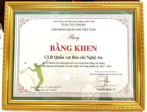 CLB Tennis báo chí Nghệ An cũng được Liên đoàn quần vợt Việt Nam tặng Bằng khen vì đã có nhiều thành tích đóng góp tích cực trong hoạt động xây dựng, phát triển phong trào quần vợt tỉnh Nghệ An