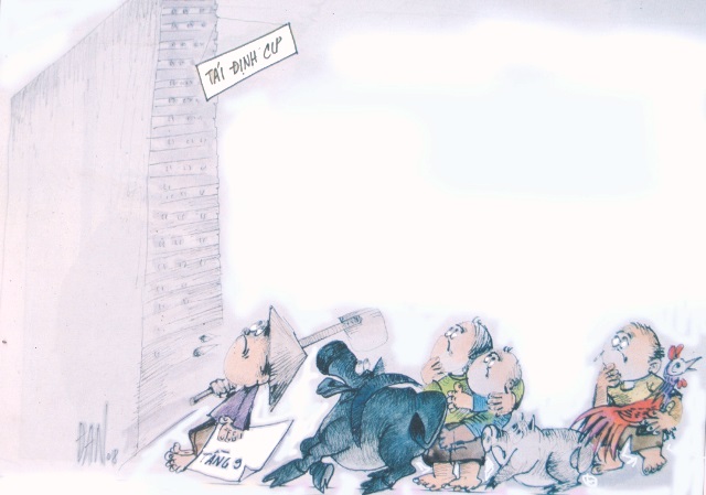 Bức tranh biếm đó đã phản ánh một nghịch lý, khi mà cả gia đình người nông dân cùng trâu, bò, gà, lợn… đứng sững trước một khu chung cư, với quyết định bố trí tái định cư ở tầng 9! Bức tranh biếm đó đã phản ánh một nghịch lý, khi mà cả gia đình người nông dân cùng trâu, bò, gà, lợn… đứng sững trước một khu chung cư, với quyết định bố trí tái định cư ở tầng 9!