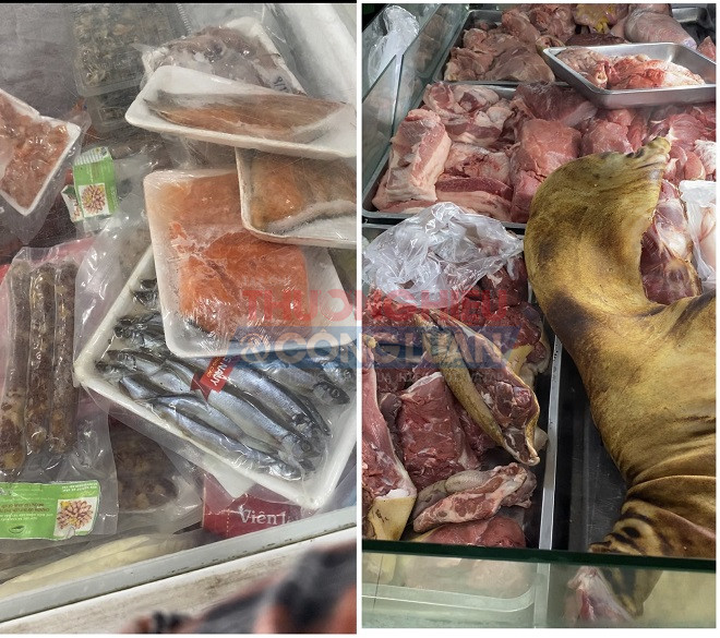 Thịt sống, cá tươi được cắt miếng bày bán như ngoài chợ.
