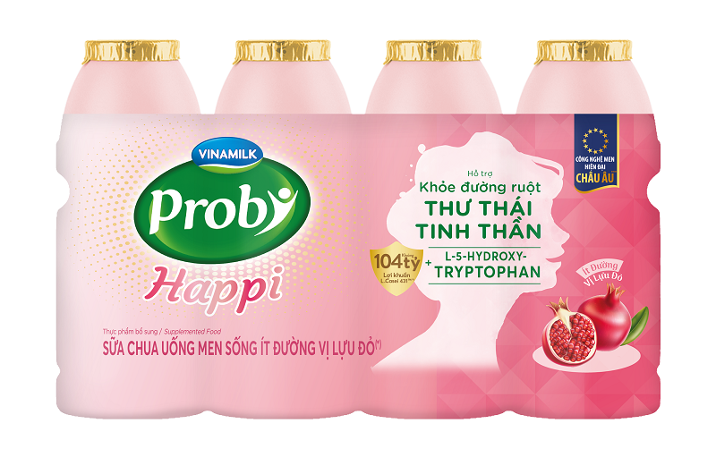 Sữa chua uống men sống ít đường vị lựu đỏ Probi Happi, bổ sung 104 tỷ lợi khuẩn Probiotics L. Casei 431TM từ Châu Âu, cùng L-5-Hydroxytryptophan giúp thư thái tinh thần